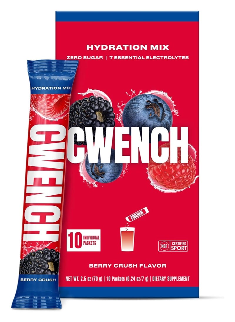 Cwench Hydration Electrolyte Mix + BCAA - Berry Crush 10 Count | NSF Certified | No Added Sugar | No Artificial Sweeteners | Premium Electrolytes | 10 x 7 g stick box