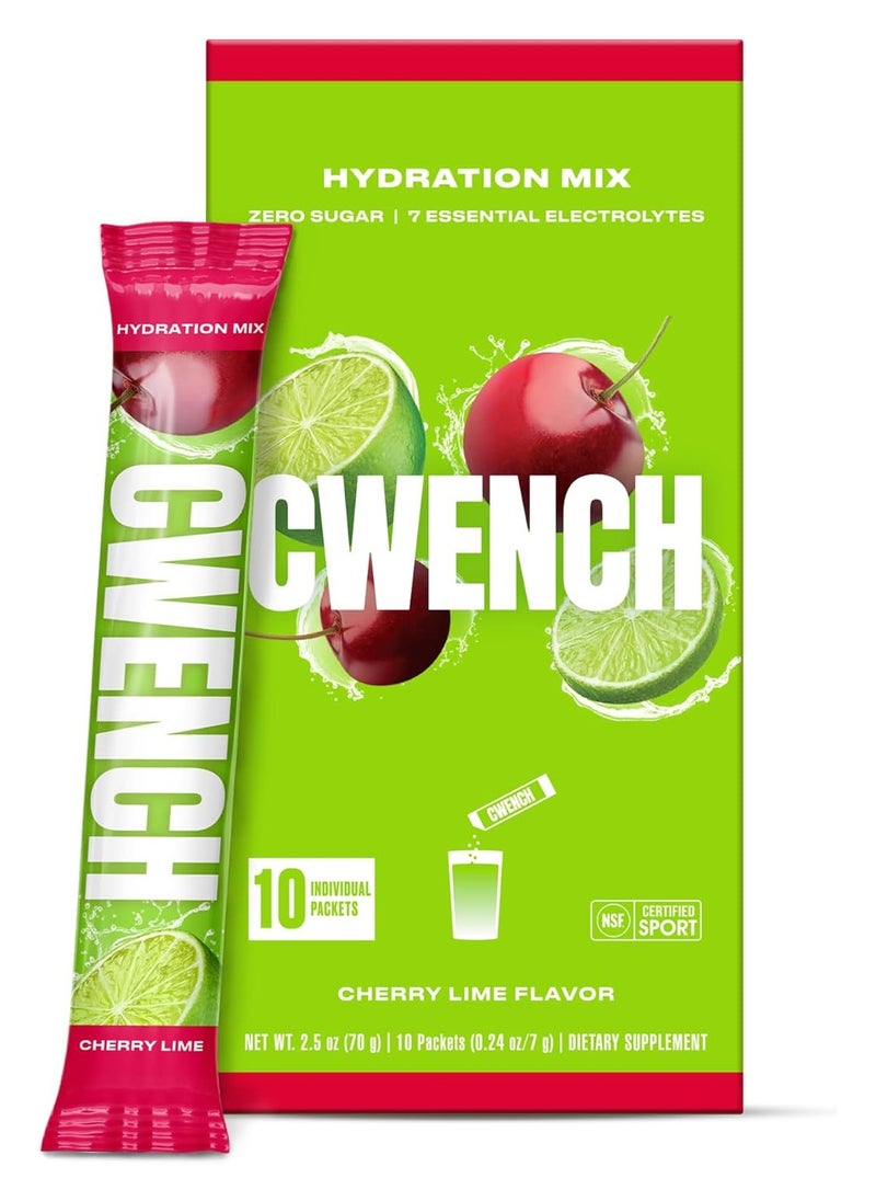 Cwench Hydration Electrolyte Mix + BCAA - Cherry Lime 10 Count | NSF Certified | No Added Sugar | No Artificial Sweeteners | Premium Electrolytes | 10 x 7 g stick box