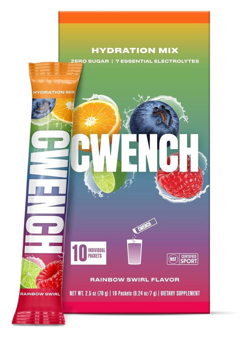 Cwench Hydration Electrolyte Mix + BCAA - Rainbow Swirl 10 Count | NSF Certified | No Added Sugar | No Artificial Sweeteners | Premium Electrolytes | 10 x 7 g stick box