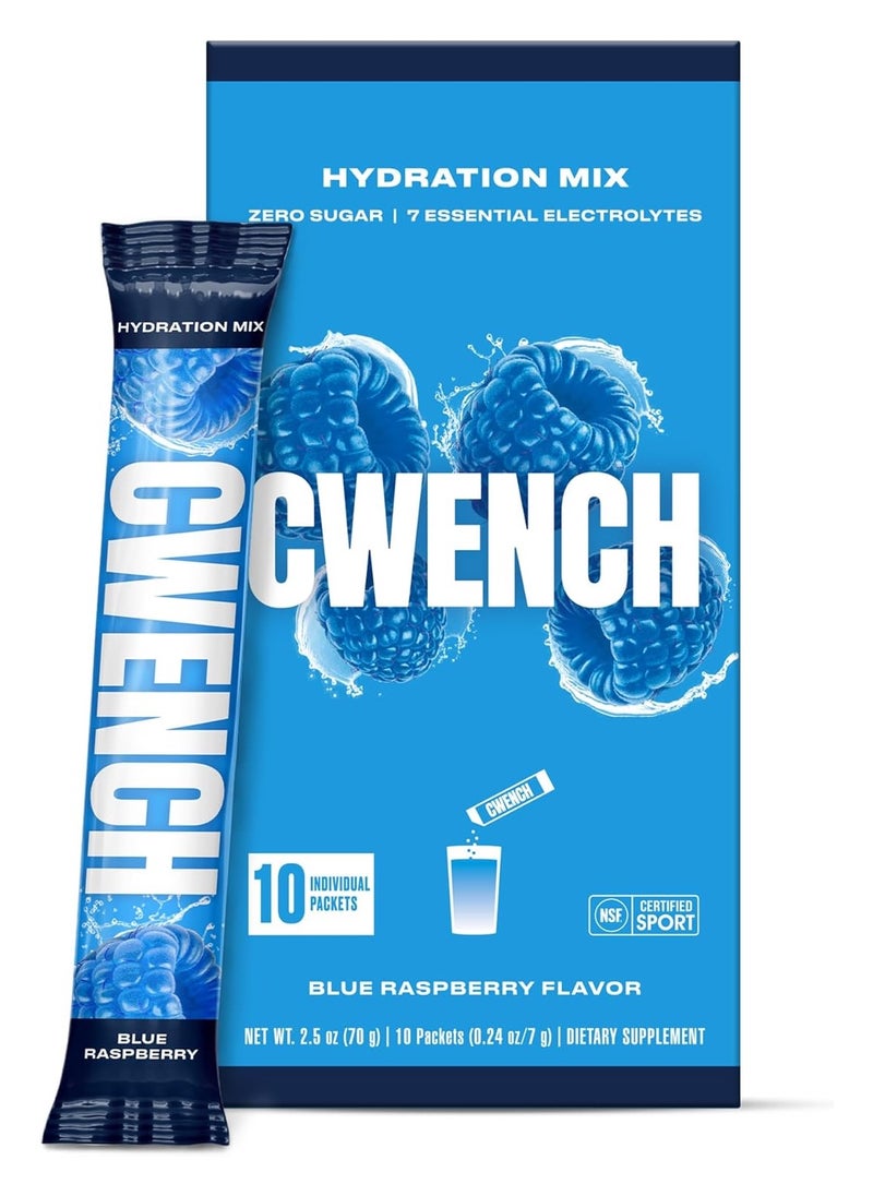 Cwench Hydration Electrolyte Mix + BCAA - Blue Raspberry 10 Count | NSF Certified | No Added Sugar | No Artificial Sweeteners | Premium Electrolytes | 10 x 7 g stick box