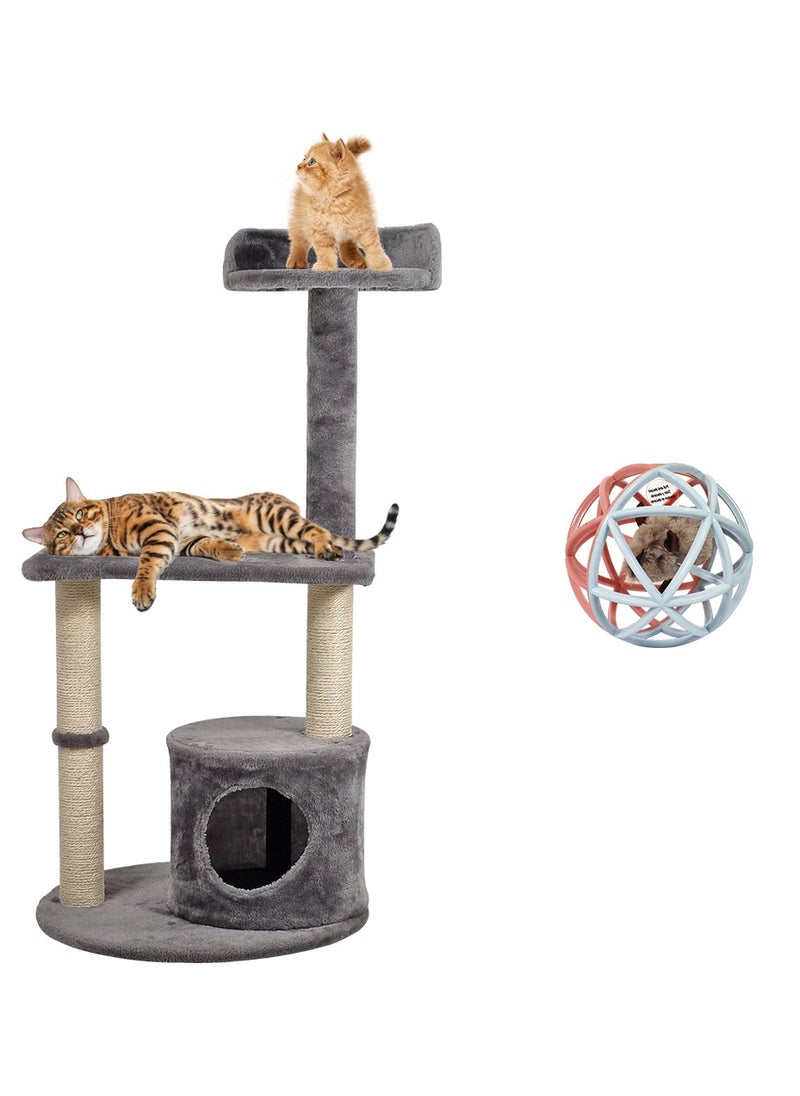 Cat tree, Carpet Cat tower with Condo, Top Perch, and Scratching Post, Cat Activity, Cat Climbing Tower, Cat Furniture with Squeaky Cat Toy, Mice with Balls, Plush Toy, Indoor Cat Tree 102 cm (Grey)