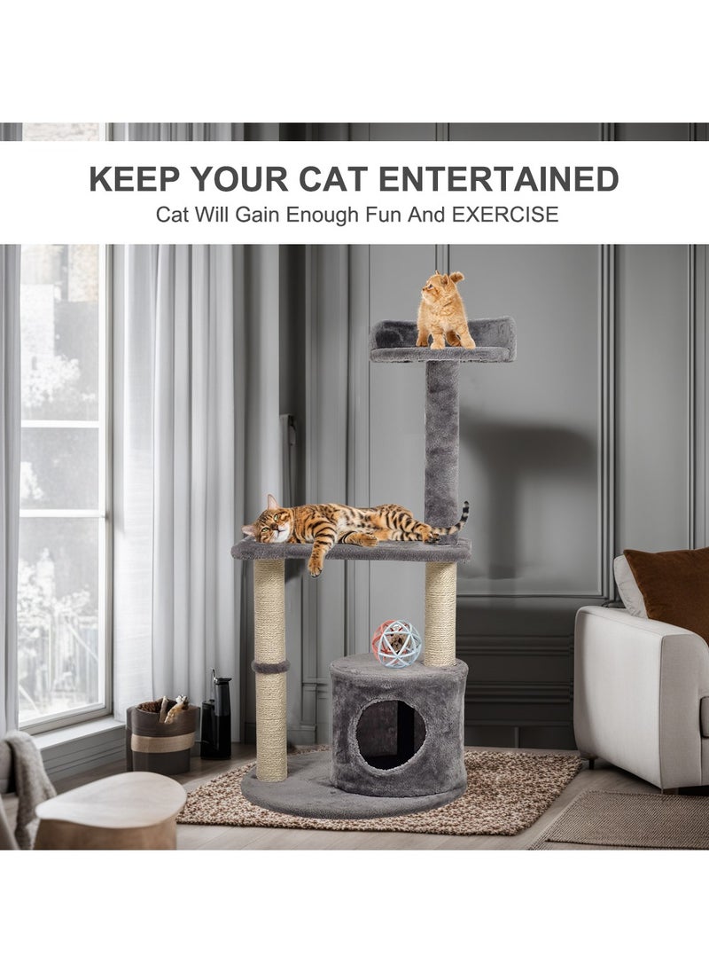 Cat tree, Carpet Cat tower with Condo, Top Perch, and Scratching Post, Cat Activity, Cat Climbing Tower, Cat Furniture with Squeaky Cat Toy, Mice with Balls, Plush Toy, Indoor Cat Tree 102 cm (Grey)