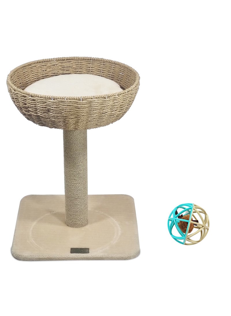 Cat tower with Wicker Basket, Sturdy cat activity center with Scratching post, Removable cushion, and Natural bowl-shaped cat tree, Interactive cat toy ball with mice, 53 cm Cat playground (Beige)