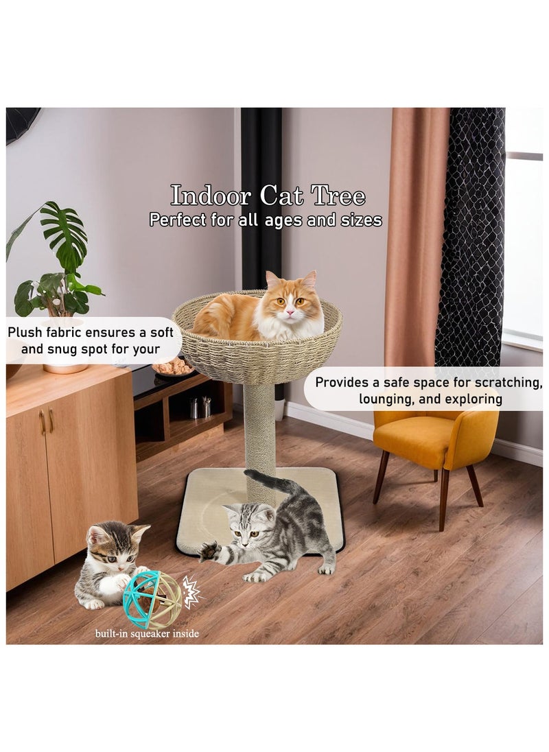 Cat tower with Wicker Basket, Sturdy cat activity center with Scratching post, Removable cushion, and Natural bowl-shaped cat tree, Interactive cat toy ball with mice, 53 cm Cat playground (Beige)