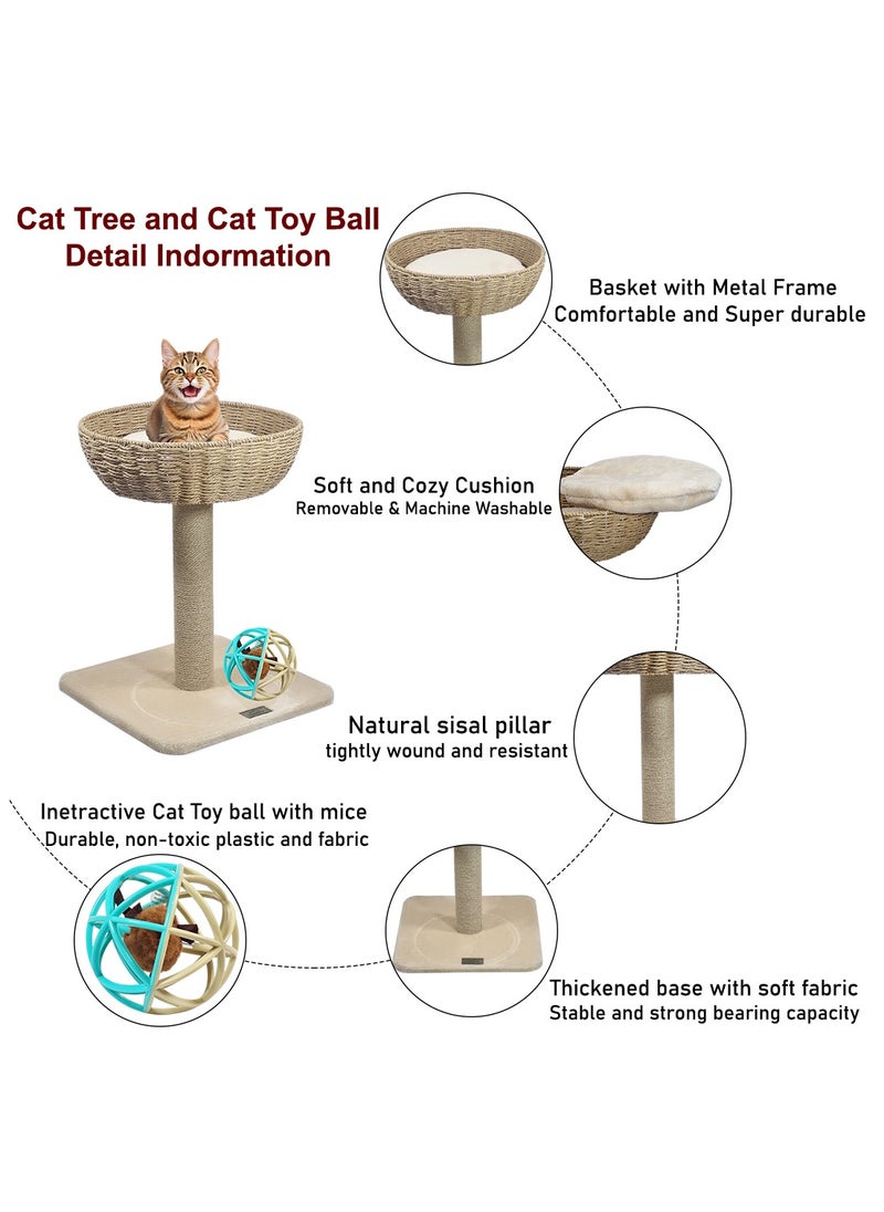 Cat tower with Wicker Basket, Sturdy cat activity center with Scratching post, Removable cushion, and Natural bowl-shaped cat tree, Interactive cat toy ball with mice, 53 cm Cat playground (Beige)