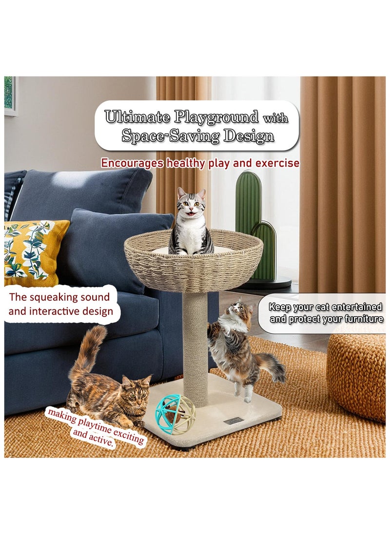 Cat tower with Wicker Basket, Sturdy cat activity center with Scratching post, Removable cushion, and Natural bowl-shaped cat tree, Interactive cat toy ball with mice, 53 cm Cat playground (Beige)