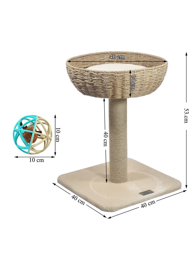 Cat tower with Wicker Basket, Sturdy cat activity center with Scratching post, Removable cushion, and Natural bowl-shaped cat tree, Interactive cat toy ball with mice, 53 cm Cat playground (Beige)