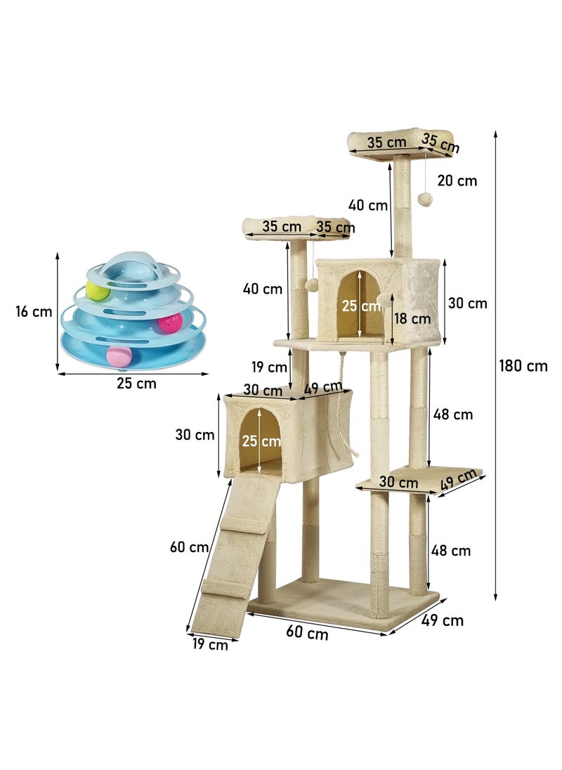 Cat tower, Indoor cat tree with Soft plush covered, Condos, Top perches, and Climb stair, Multi-level cat tree tower with Cat tower track toy, 4 levels cat toy with colorful balls, 180 cm (Beige)