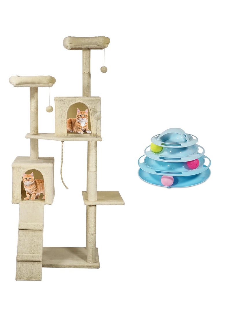 Cat tower, Indoor cat tree with Soft plush covered, Condos, Top perches, and Climb stair, Multi-level cat tree tower with Cat tower track toy, 4 levels cat toy with colorful balls, 180 cm (Beige)