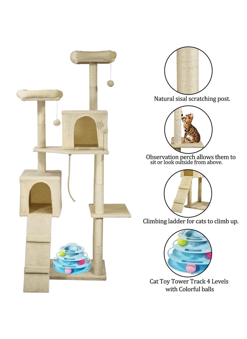 Cat tower, Indoor cat tree with Soft plush covered, Condos, Top perches, and Climb stair, Multi-level cat tree tower with Cat tower track toy, 4 levels cat toy with colorful balls, 180 cm (Beige)