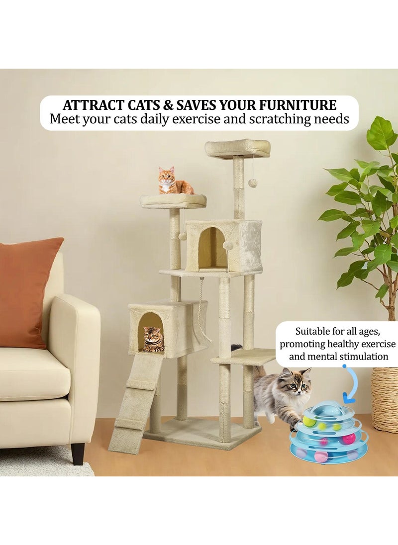 Cat tower, Indoor cat tree with Soft plush covered, Condos, Top perches, and Climb stair, Multi-level cat tree tower with Cat tower track toy, 4 levels cat toy with colorful balls, 180 cm (Beige)