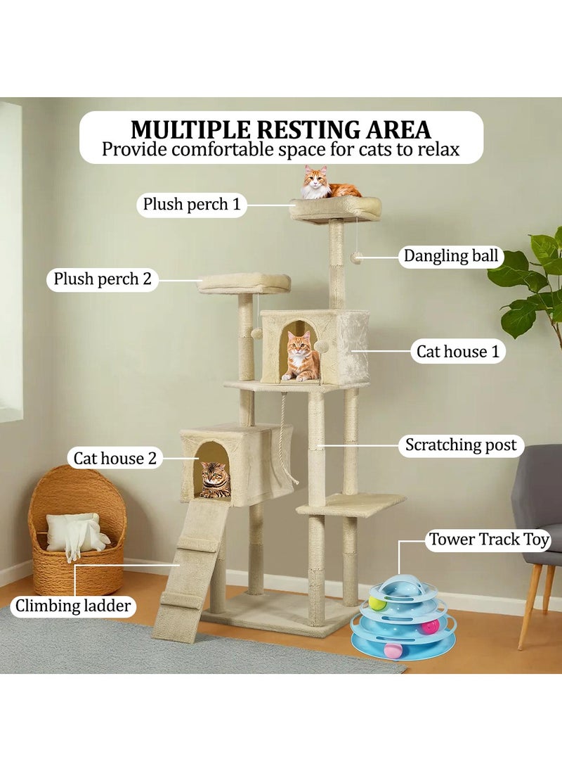 Cat tower, Indoor cat tree with Soft plush covered, Condos, Top perches, and Climb stair, Multi-level cat tree tower with Cat tower track toy, 4 levels cat toy with colorful balls, 180 cm (Beige)