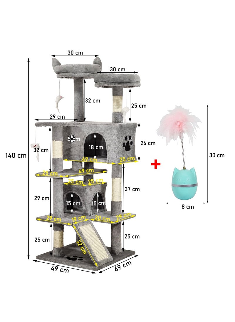 Multi-level cat tree with Roly Poly cat toy, Plush perches, Dangling toys, Sisal scratching post, and Double cat condos, Durable & Stable activity center for Indoor cats Grey(140 cm)