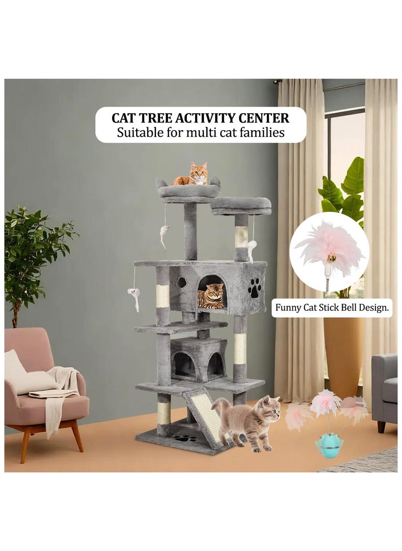 Multi-level cat tree with Roly Poly cat toy, Plush perches, Dangling toys, Sisal scratching post, and Double cat condos, Durable & Stable activity center for Indoor cats Grey(140 cm)