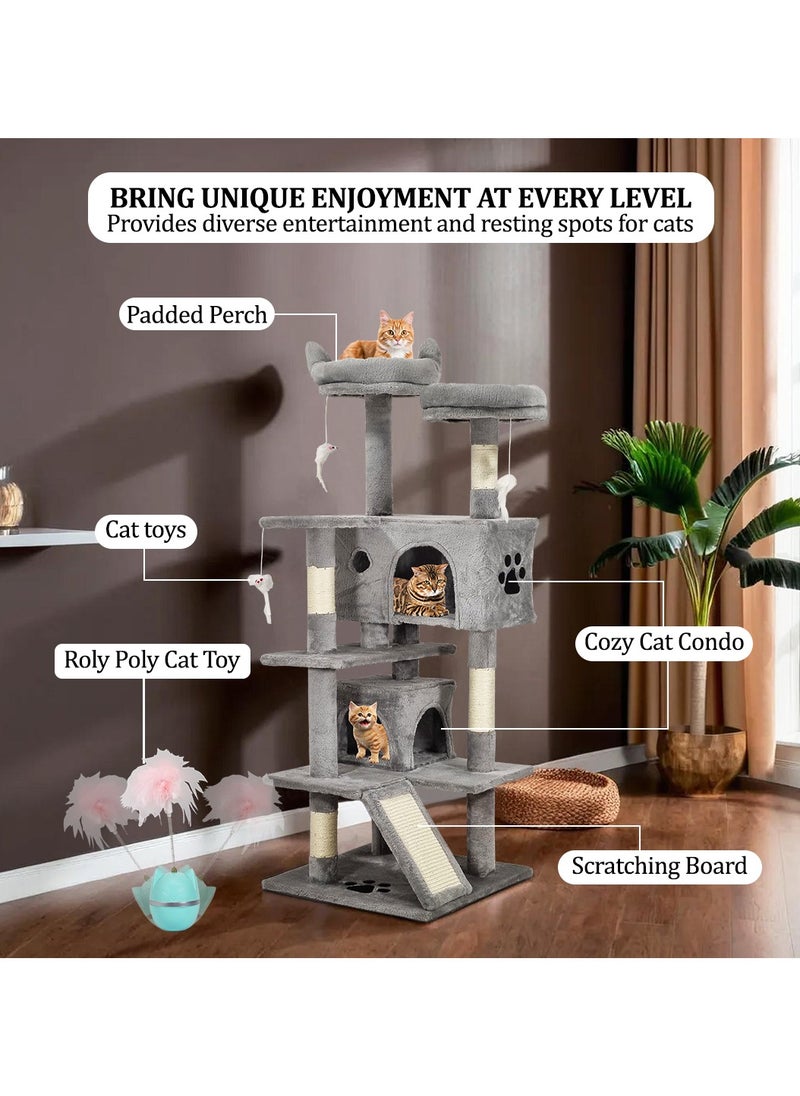 Multi-level cat tree with Roly Poly cat toy, Plush perches, Dangling toys, Sisal scratching post, and Double cat condos, Durable & Stable activity center for Indoor cats Grey(140 cm)