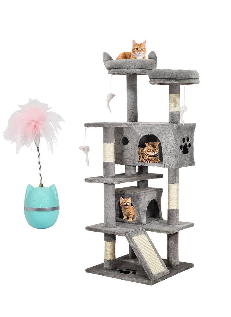 Multi-level cat tree with Roly Poly cat toy, Plush perches, Dangling toys, Sisal scratching post, and Double cat condos, Durable & Stable activity center for Indoor cats Grey(140 cm)