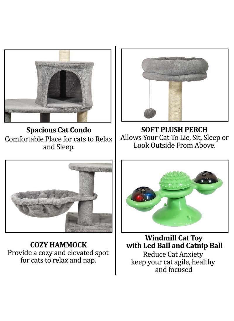 Cat tree tower for Indoor cats, Multi-layer design with Top perches, Cozy hammock, Double condos, and Scratching board, 147 cm Cat play tower, Windmill cat toy with LED ball and Catnip ball (Grey)