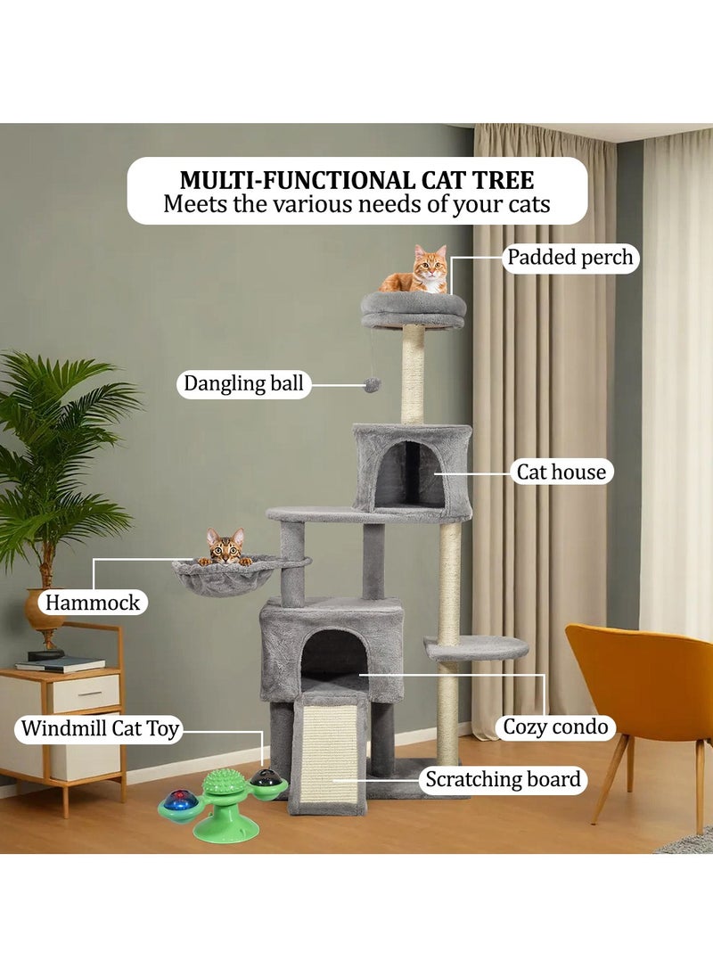 Cat tree tower for Indoor cats, Multi-layer design with Top perches, Cozy hammock, Double condos, and Scratching board, 147 cm Cat play tower, Windmill cat toy with LED ball and Catnip ball (Grey)