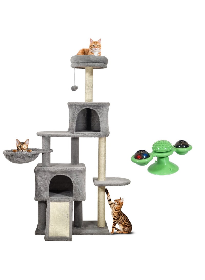 Cat tree tower for Indoor cats, Multi-layer design with Top perches, Cozy hammock, Double condos, and Scratching board, 147 cm Cat play tower, Windmill cat toy with LED ball and Catnip ball (Grey)