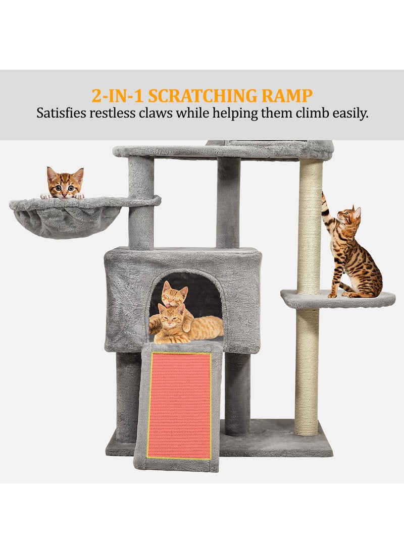 Cat tree tower for Indoor cats, Multi-layer design with Top perches, Cozy hammock, Double condos, and Scratching board, 147 cm Cat play tower, Windmill cat toy with LED ball and Catnip ball (Grey)