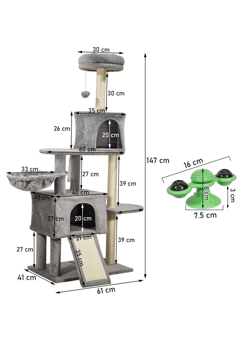 Cat tree tower for Indoor cats, Multi-layer design with Top perches, Cozy hammock, Double condos, and Scratching board, 147 cm Cat play tower, Windmill cat toy with LED ball and Catnip ball (Grey)