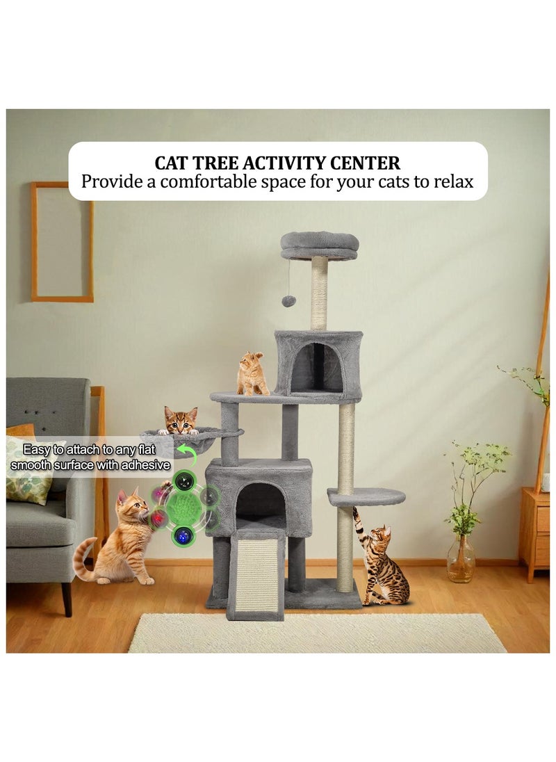 Cat tree tower for Indoor cats, Multi-layer design with Top perches, Cozy hammock, Double condos, and Scratching board, 147 cm Cat play tower, Windmill cat toy with LED ball and Catnip ball (Grey)