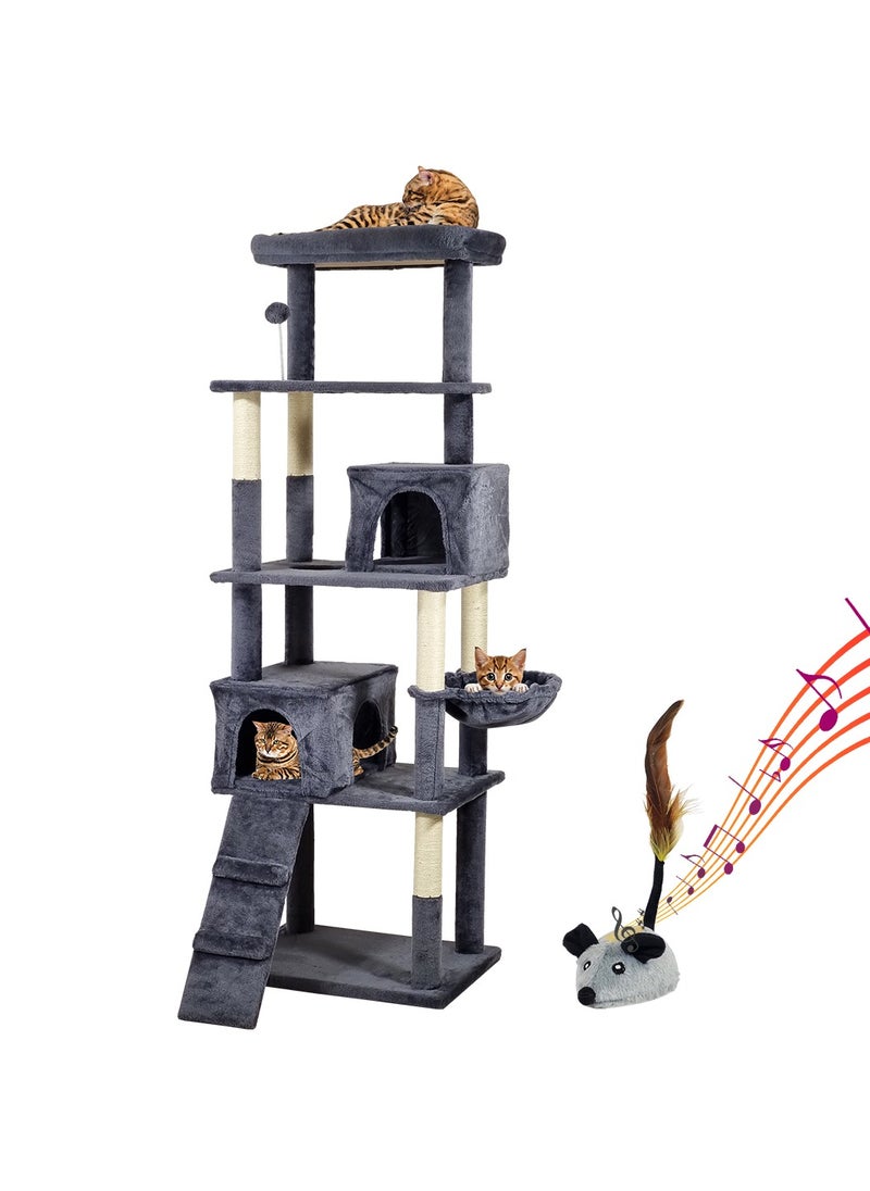 Multi-level cat tree for indoor cats, Cat tree activity center with Electric mouse toy, large perch, Cozy hammock, Sisal scratching post, Double cat condos, and Climbing ladder 182 cm (Dark-grey)