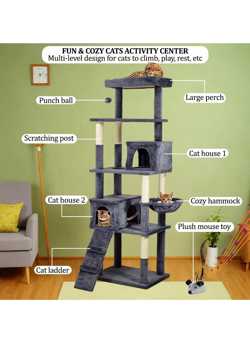 Multi-level cat tree for indoor cats, Cat tree activity center with Electric mouse toy, large perch, Cozy hammock, Sisal scratching post, Double cat condos, and Climbing ladder 182 cm (Dark-grey)