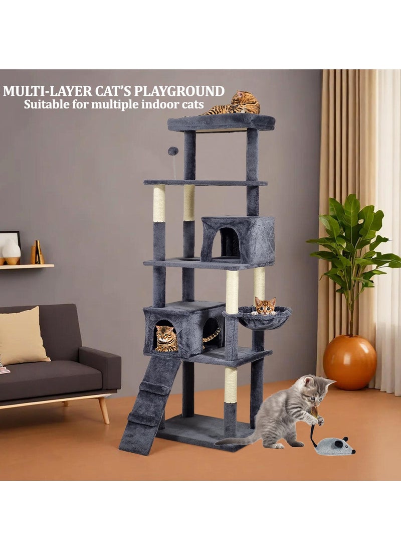 Multi-level cat tree for indoor cats, Cat tree activity center with Electric mouse toy, large perch, Cozy hammock, Sisal scratching post, Double cat condos, and Climbing ladder 182 cm (Dark-grey)