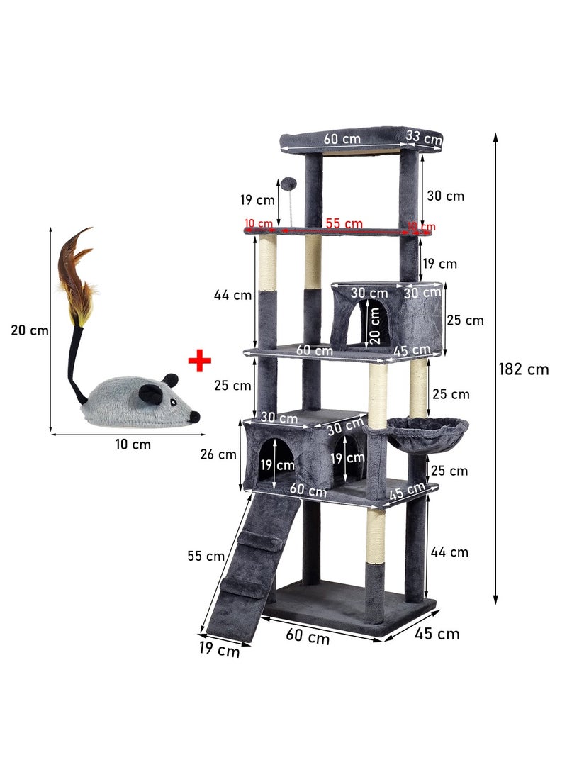 Multi-level cat tree for indoor cats, Cat tree activity center with Electric mouse toy, large perch, Cozy hammock, Sisal scratching post, Double cat condos, and Climbing ladder 182 cm (Dark-grey)