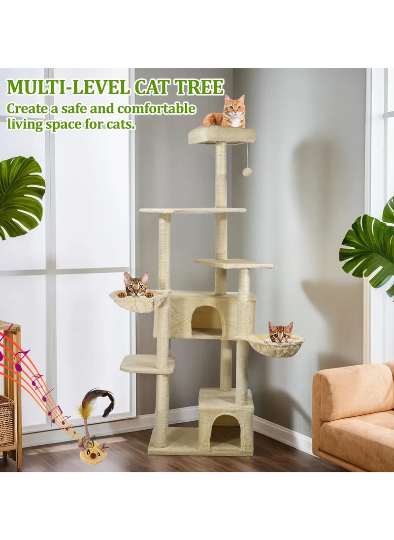 Cat tree tower activity center with Electric mouse toy, Soft perch, Dangling ball, Multiple platforms, Double hammock, and Double condos, Multi-level tall cat tree for indoor cats 190 cm (Beige)