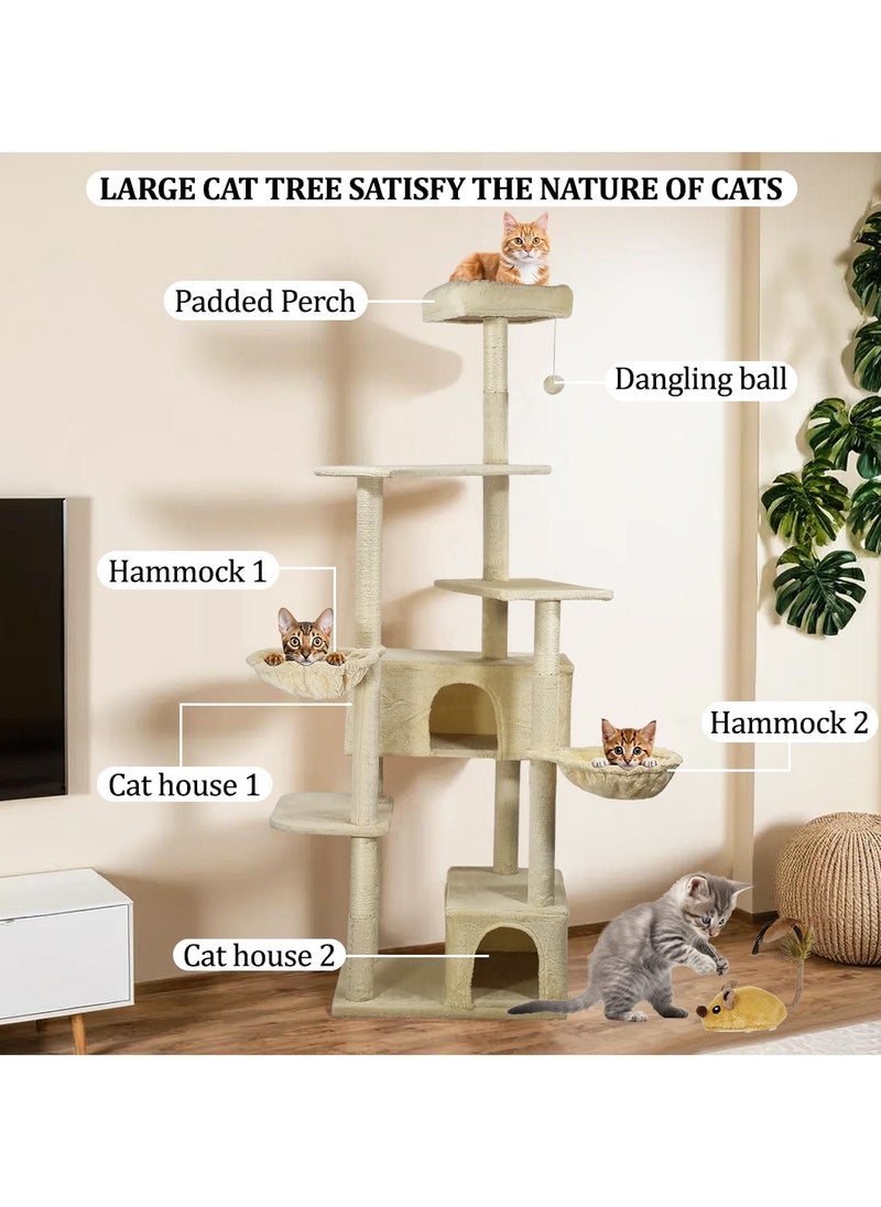 Cat tree tower activity center with Electric mouse toy, Soft perch, Dangling ball, Multiple platforms, Double hammock, and Double condos, Multi-level tall cat tree for indoor cats 190 cm (Beige)