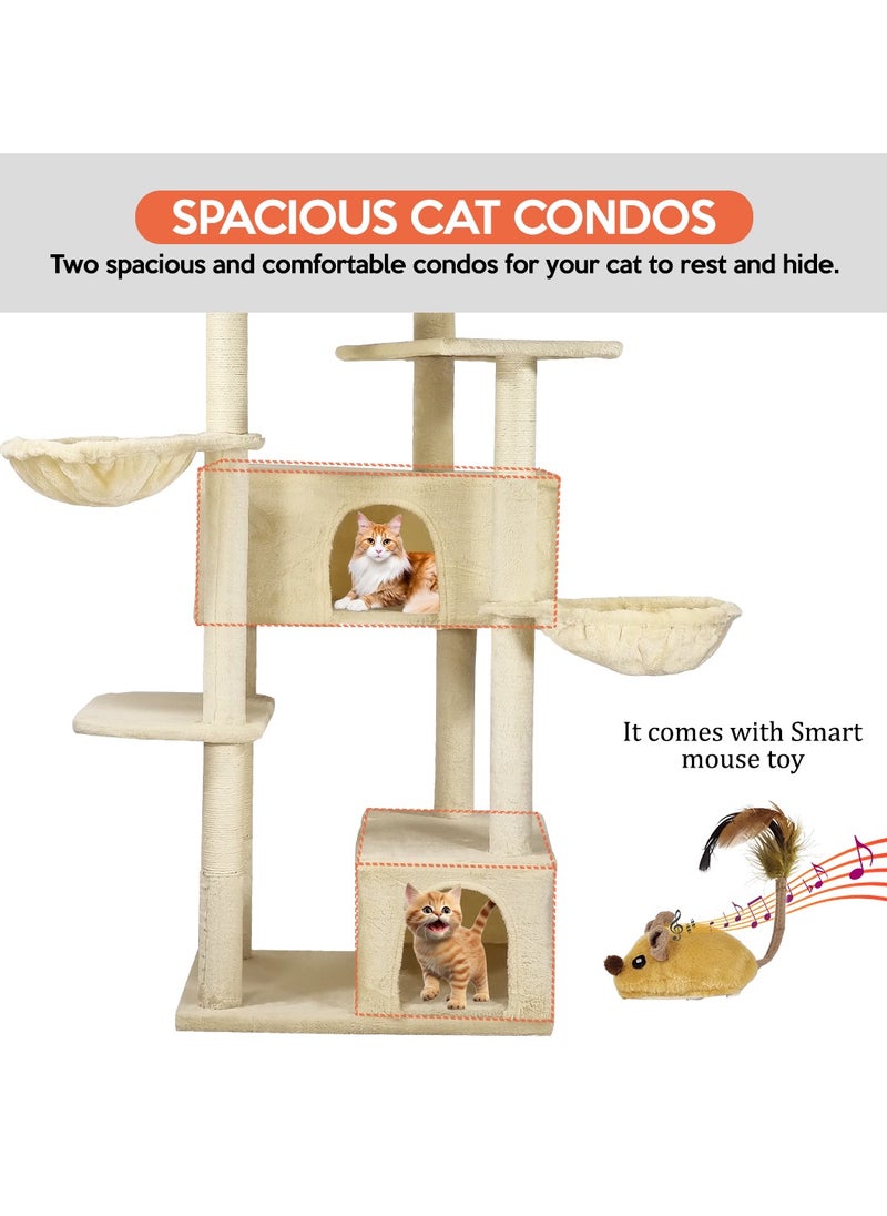 Cat tree tower activity center with Electric mouse toy, Soft perch, Dangling ball, Multiple platforms, Double hammock, and Double condos, Multi-level tall cat tree for indoor cats 190 cm (Beige)