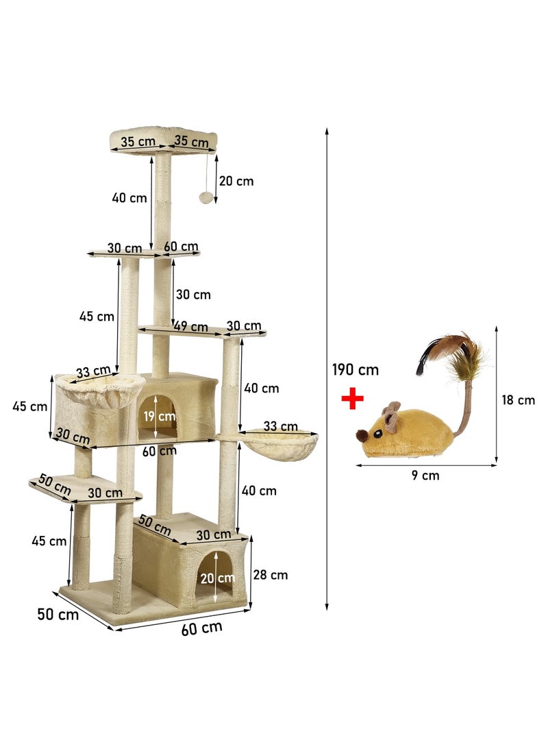 Cat tree tower activity center with Electric mouse toy, Soft perch, Dangling ball, Multiple platforms, Double hammock, and Double condos, Multi-level tall cat tree for indoor cats 190 cm (Beige)