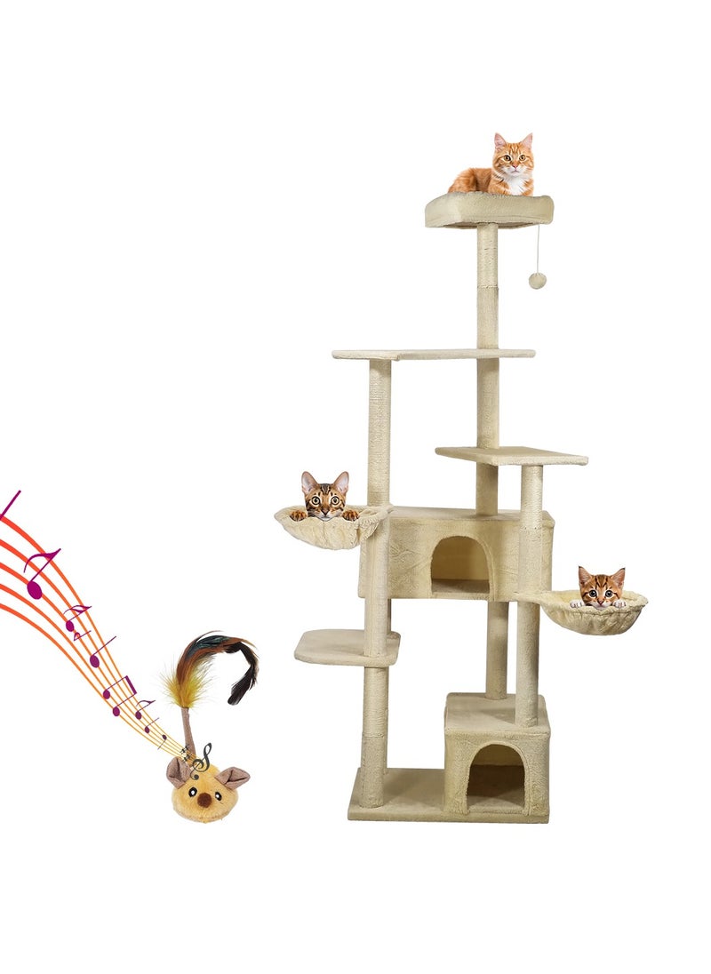 Cat tree tower activity center with Electric mouse toy, Soft perch, Dangling ball, Multiple platforms, Double hammock, and Double condos, Multi-level tall cat tree for indoor cats 190 cm (Beige)