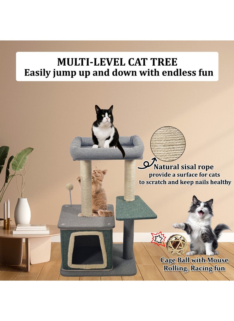 Cat tree tower with Sisal scratching post, Wide Platform, Top perch and Cat Condo, Indoor Cat tree with Squeaker toy, Rolling Ball with Mice, Multi-layer cat tree with Punch ball 80 cm (Grey & Green)