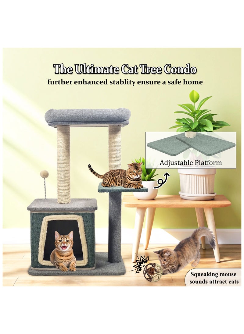 Cat tree tower with Sisal scratching post, Wide Platform, Top perch and Cat Condo, Indoor Cat tree with Squeaker toy, Rolling Ball with Mice, Multi-layer cat tree with Punch ball 80 cm (Grey & Green)