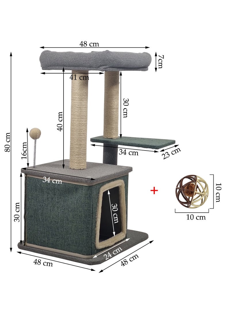 Cat tree tower with Sisal scratching post, Wide Platform, Top perch and Cat Condo, Indoor Cat tree with Squeaker toy, Rolling Ball with Mice, Multi-layer cat tree with Punch ball 80 cm (Grey & Green)