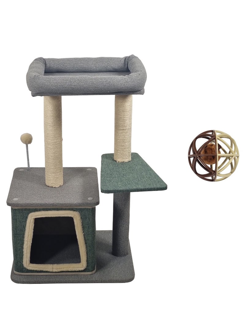 Cat tree tower with Sisal scratching post, Wide Platform, Top perch and Cat Condo, Indoor Cat tree with Squeaker toy, Rolling Ball with Mice, Multi-layer cat tree with Punch ball 80 cm (Grey & Green)