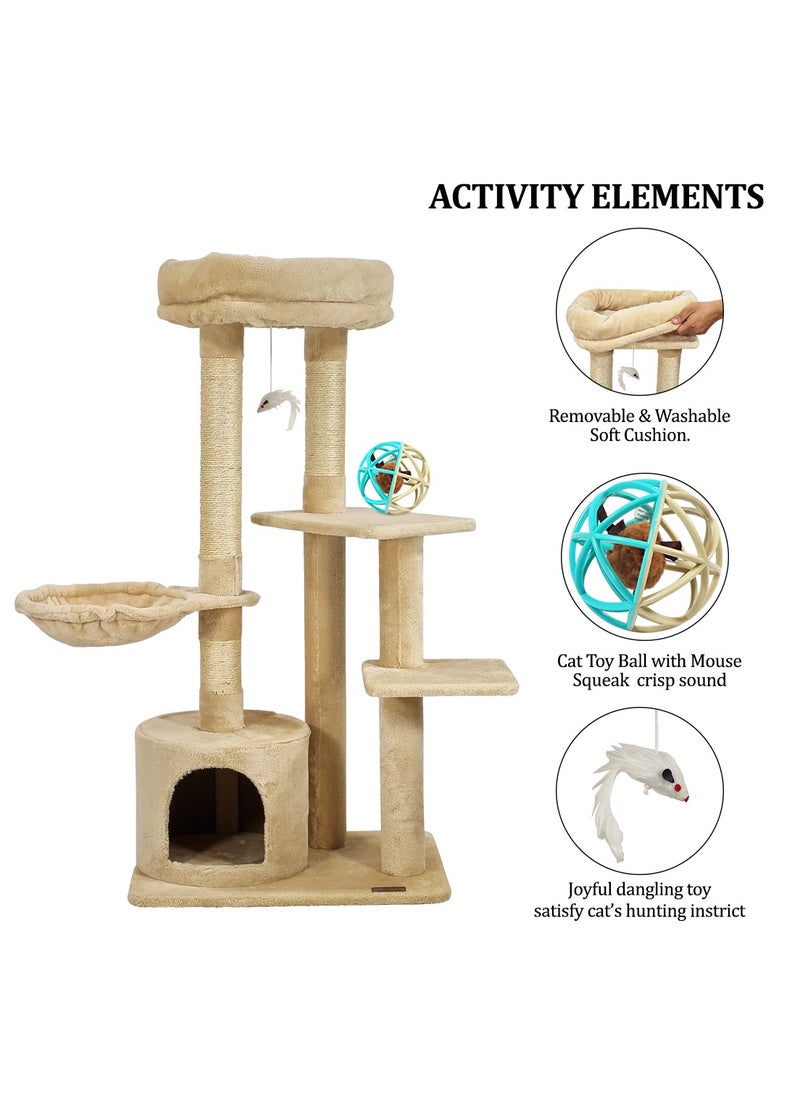 Large cat tree for Indoor cats, Cat playground with Plush perch, Hammock, Cozy Condo, and Scratching posts, 108 cm Cat tower with Cat toy, Cat play ball with Mouse, Squeaky cat toy ball (Beige)