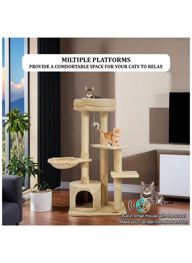 Large cat tree for Indoor cats, Cat playground with Plush perch, Hammock, Cozy Condo, and Scratching posts, 108 cm Cat tower with Cat toy, Cat play ball with Mouse, Squeaky cat toy ball (Beige)