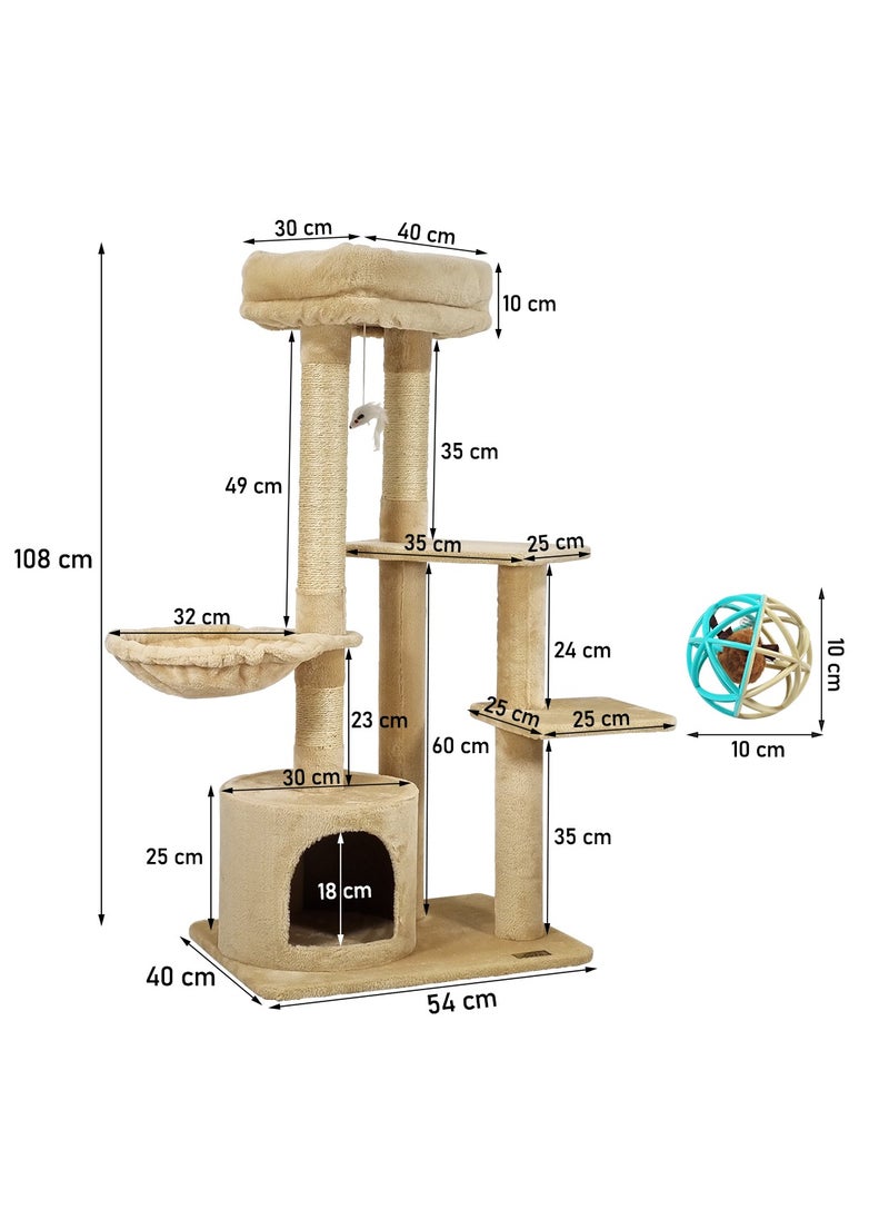 Large cat tree for Indoor cats, Cat playground with Plush perch, Hammock, Cozy Condo, and Scratching posts, 108 cm Cat tower with Cat toy, Cat play ball with Mouse, Squeaky cat toy ball (Beige)