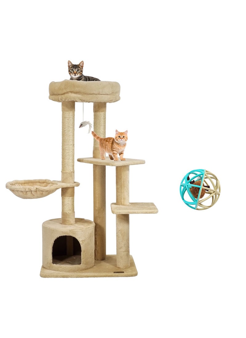 Large cat tree for Indoor cats, Cat playground with Plush perch, Hammock, Cozy Condo, and Scratching posts, 108 cm Cat tower with Cat toy, Cat play ball with Mouse, Squeaky cat toy ball (Beige)