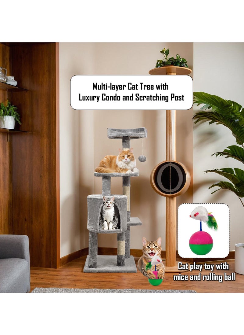 Multi-layer cat tree with Mice balance swing tumbler ball, Interactive toy ball, Indoor cat tree tower with Soft fabric condo, Top perch, and Sisal scratch post, Cat activity tower 112 cm (Grey)