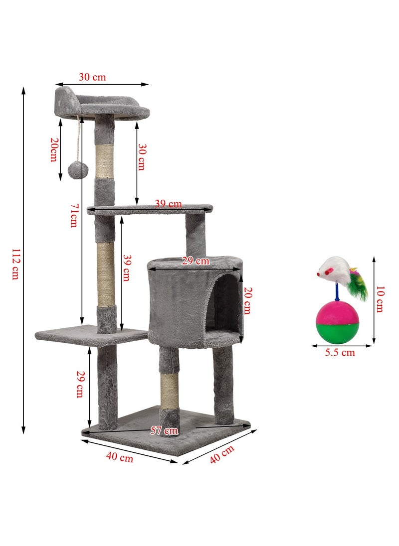 Multi-layer cat tree with Mice balance swing tumbler ball, Interactive toy ball, Indoor cat tree tower with Soft fabric condo, Top perch, and Sisal scratch post, Cat activity tower 112 cm (Grey)