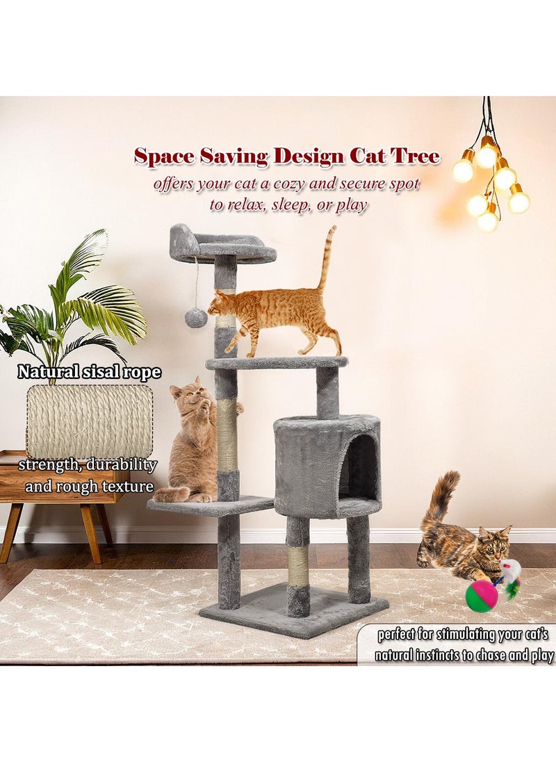 Multi-layer cat tree with Mice balance swing tumbler ball, Interactive toy ball, Indoor cat tree tower with Soft fabric condo, Top perch, and Sisal scratch post, Cat activity tower 112 cm (Grey)