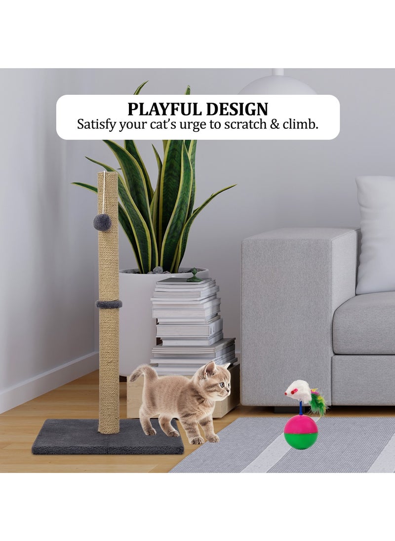 Cat tree scratching post with Faux Fur Feather Mouse, Hanging ball, Durable sisal rope, and Smooth plush cover, Scratch-resistant activity center, Ideal for indoor cats 75 cm (Grey)