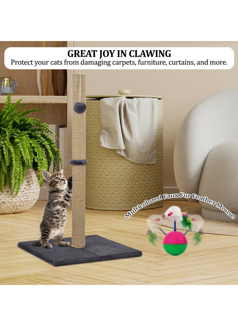 Cat tree scratching post with Faux Fur Feather Mouse, Hanging ball, Durable sisal rope, and Smooth plush cover, Scratch-resistant activity center, Ideal for indoor cats 75 cm (Grey)