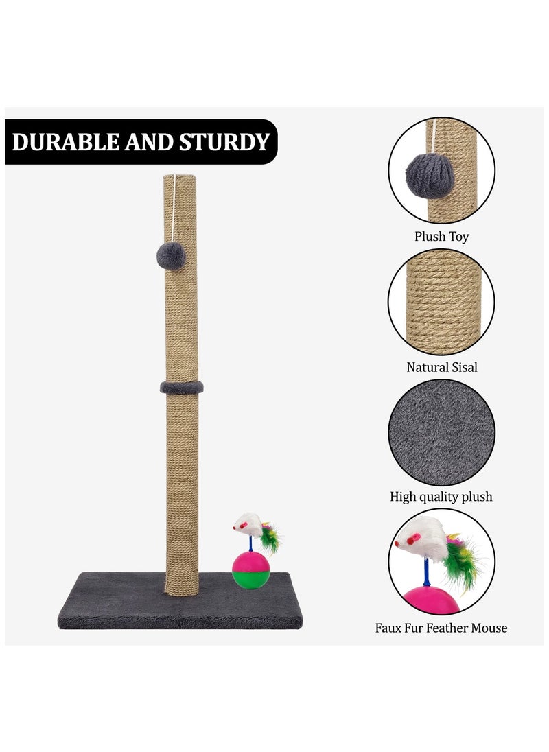 Cat tree scratching post with Faux Fur Feather Mouse, Hanging ball, Durable sisal rope, and Smooth plush cover, Scratch-resistant activity center, Ideal for indoor cats 75 cm (Grey)