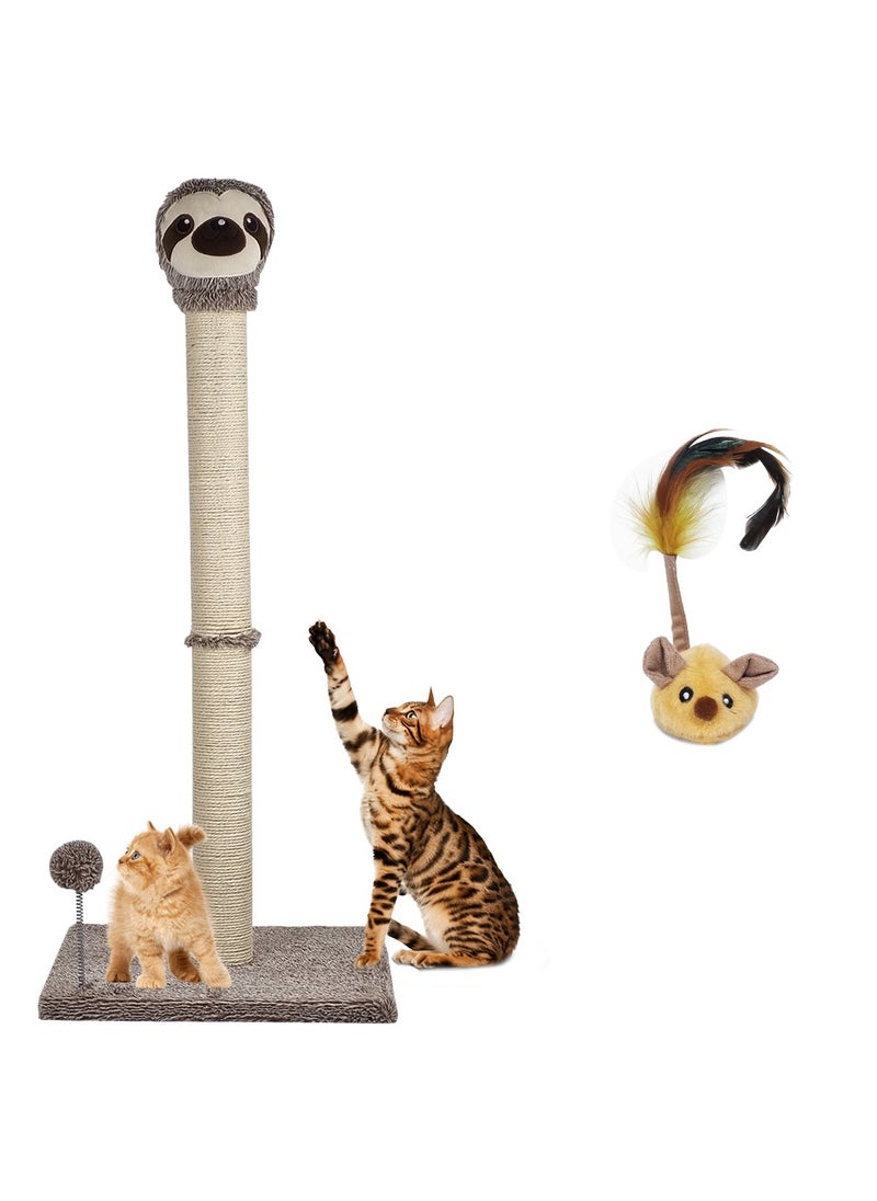 Cat Scratcher, Cat scratching post with Spring ball, Indoor Cat Scratching Post, Natural Sisal Rope, Warmie Sloth Cat Scratcher with Cat squeaky toy, Electronic pet chasing toy 95 cm (Beige)